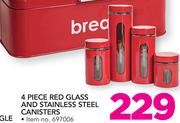 4 Piece Red Glass And Stainless Steel Canisters