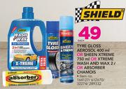 Shield Tyre Gloss Aerosol-400ml & Sheen Xtreme-750ml & Xtreme Wash & Wax-2Ltr & Absorber Chamois-Eac