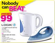 Logik 1.7Ltr 2000W Auto Kettle LAJ-200B Or Steam & Dry Iron LSI-005-Each