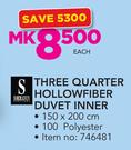 Sheraton Three Quarter Hollowfibre Duvet Inner-Each