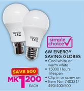 Simple Choice 6W Energy Saving Globes-Each
