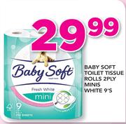 Baby Soft Toilet Tissue Rolls 2Ply Minis White-9's Pack