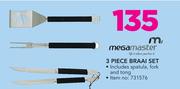 Mega Master 3 Piece Braai Set Includes Spatula, Fork & Tong