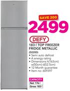 Defy 183Ltr Top Freezer Fridge Metallic D220D