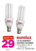 Eurolux 15W Saving Globes In Clip In Or Screw On-Each