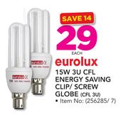 Eurolux 15W 3U CFL Energy Saving Clip/Screw Globe CFL 3U-Each