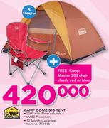 Camp Master 5 Sleeper Camp Dome 510 Tent With Free Camp master 200 Classic Chair(Red Or Blue)