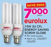 Eurolux 15W 3U CFL Energy Saving Screw Globe-Each