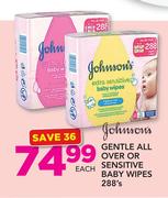 Johnson's Gentle All Over Or Sensitive Baby Wipes 288's-Each