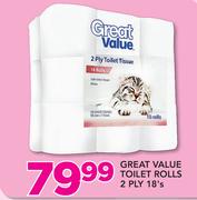 Great Value Toilet Rolls 2 Ply-18's Pack