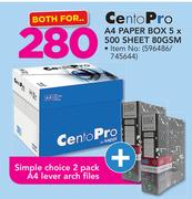 Cento Pro A4 Paper Box 5 x 500 Sheet 80GSM With Plus Simple Choice 2 Pack A4 Lever Arch Files