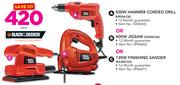 Black & Decker 500W Hammer Corded Drill Or 400W Jigsaw Or 135W Finishing Sander-Each