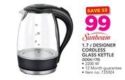 Sunbeam 1.7Ltr Designer Cordless Glass Kettle SDGK-170