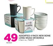 Assorted 4 Pack New Bone Long Mugs Or Bowls-Per Pack