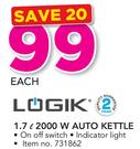 Logik 1.7Ltr 2000W Auto Kettle