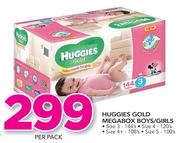 Huggies Gold Megabox Boys/Girls (Size 3-144's, Size 4-120's, Size 4+ -108's, Size 5-100's)-Per Pack