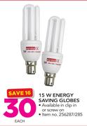Eurolux 15W Energy Saving Globes In Clip In Or Screw On-Each
