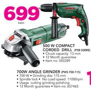 Bosch 500W Compact Corded Drill PSB500RE Or 700W Angle Grinder PWS 700 115-Each