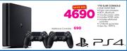 PS4 1TB Slim Console Including Power, HDMi Cable & Additional Controller