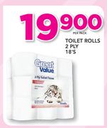 Great Value Toilet Rolls 2 Ply 18's-Per Pack