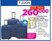 Fusion 3 Piece Eva Set Blue Trolley Bag With Free Travel Universal Adaptor