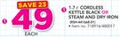Logik 1.7Ltr Cordless Or Kettle Black Or Steam And Dry Iron RSH-441668 01-Each