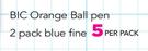 BIC Orange Ball Pen 2 Pack Blue Fine-Per Pack
