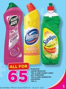 Sunlight Liquid Regular-750ml & Handy Andy APC Assorted-750ml & Domestos Assorted-750ml-All For