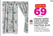 Always Home Unlined Taped Cafe Curtain Polycotton Nautical Blue-Per Drop