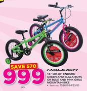 Raleigh 16" Or 20" Enduro Green And Black Boys Or Blue And Pink Girls Mountain Bike-Each