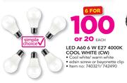 Simple Choice LED A60 6W E27 4000K Cool White CW(Edison Screw Or Bayonette Clip)-Each