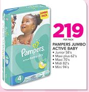 Pampers Jumbo Active Baby(Junior 58's/Maxi Plus 62's/Maxi 70's/Midi 82's Or Mini 94's Pack)-Per Pack