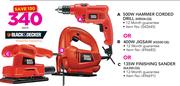 Black & Decker 500W Hammer Drill KR504-QS / 400W Jigsaw KS500-QS Or 135W Finishing Sander KA300QS-Ea