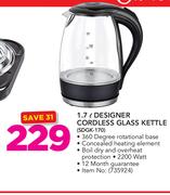 Sunbeam 1.7Ltr Designer Cordless Glass Kettle SDGK-170