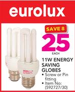 Eurolux 11W Energy Saving Globes (Screw or Pin Fitting)-Each