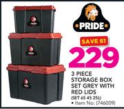 Pride 3 Piece Storage Box Set Grey With Red Lids SET (65 45 25L)