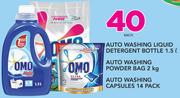 Omo Auto Washing Liquid Detergent 1.5Ltr/Auto Washing Powder Bag 2Kg Or Auto Washing Caps 14's-Each 