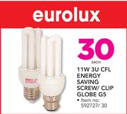 Eurolux 11W 3U CFL Energy Saving Screw/Clip Globe G5-Each