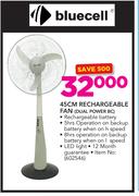 Bluecell 45cm Rechargeable Fan DUAL POWER BC
