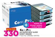 Centopro A4 White Paper Box 5X500 Sheet 80GSM WIth Addis A4 Drawer System 4 Draw Black