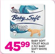 Baby Soft Toilet Rolls 2 Ply Baby Soft White-9's Pack