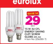 Eurolux 15W 3U CFL Energy Saving Clip/Screw Globe CFL3U-Each