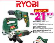 Ryobi 500W Impact Drill/400W Jig Saw Or 650W Angle Grinder-Each
