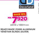 Decorland Ready-Made 25mm Aluminium Venetian Blinds (Silver)-600W x 100H mm