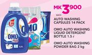 Omo AutoWashing Capsules 14's/Auto Washing Liquid Detergent Bottle 1.5Ltr/Auto Washing Powder 2Kg Ea