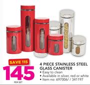 4 Piece Stainless Steel Glass Container In Silver,Red Or White-Per Set