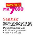 Sandisk Ultra Micro SD 16GB With Adaptor 48 MBS PDQ SDSQUNB-016G-