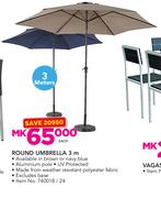 Round Umbrella 3m Excluding Base In Brown Or Navy Blue-Each