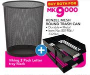 Kenzel Mesg Round Trash Bin With Viking 2 Pack Letter Tray Black