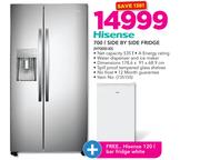 Hisense 700ltr Side By Side Fridge H700SI-ID + Hisense 120ltr Bar White Fridge 